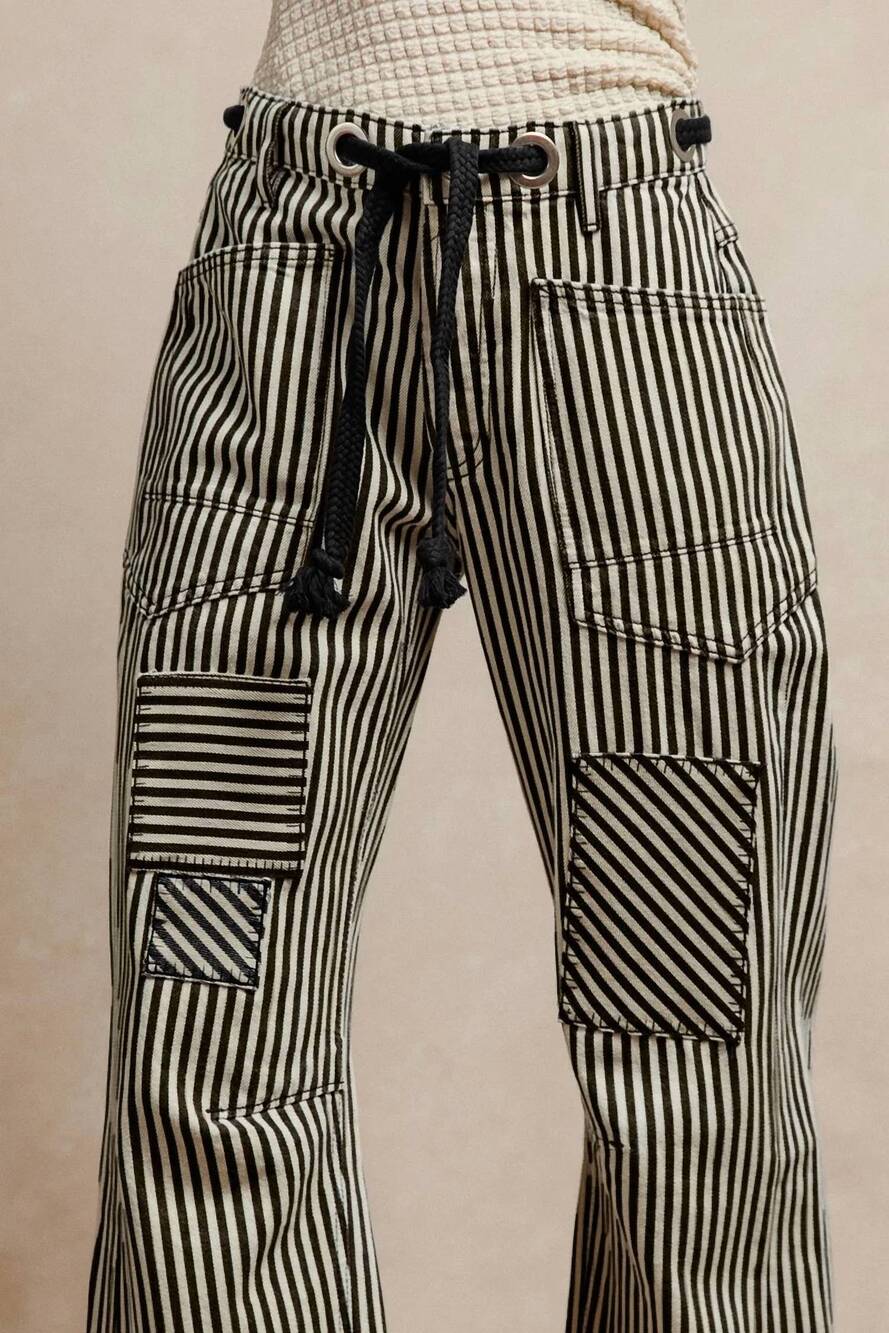 NEW BIBI striped twill barrel pant in black